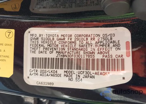 2003 Lexus Ls 430 from USA, damaged, VIN JTHBN30F030117855